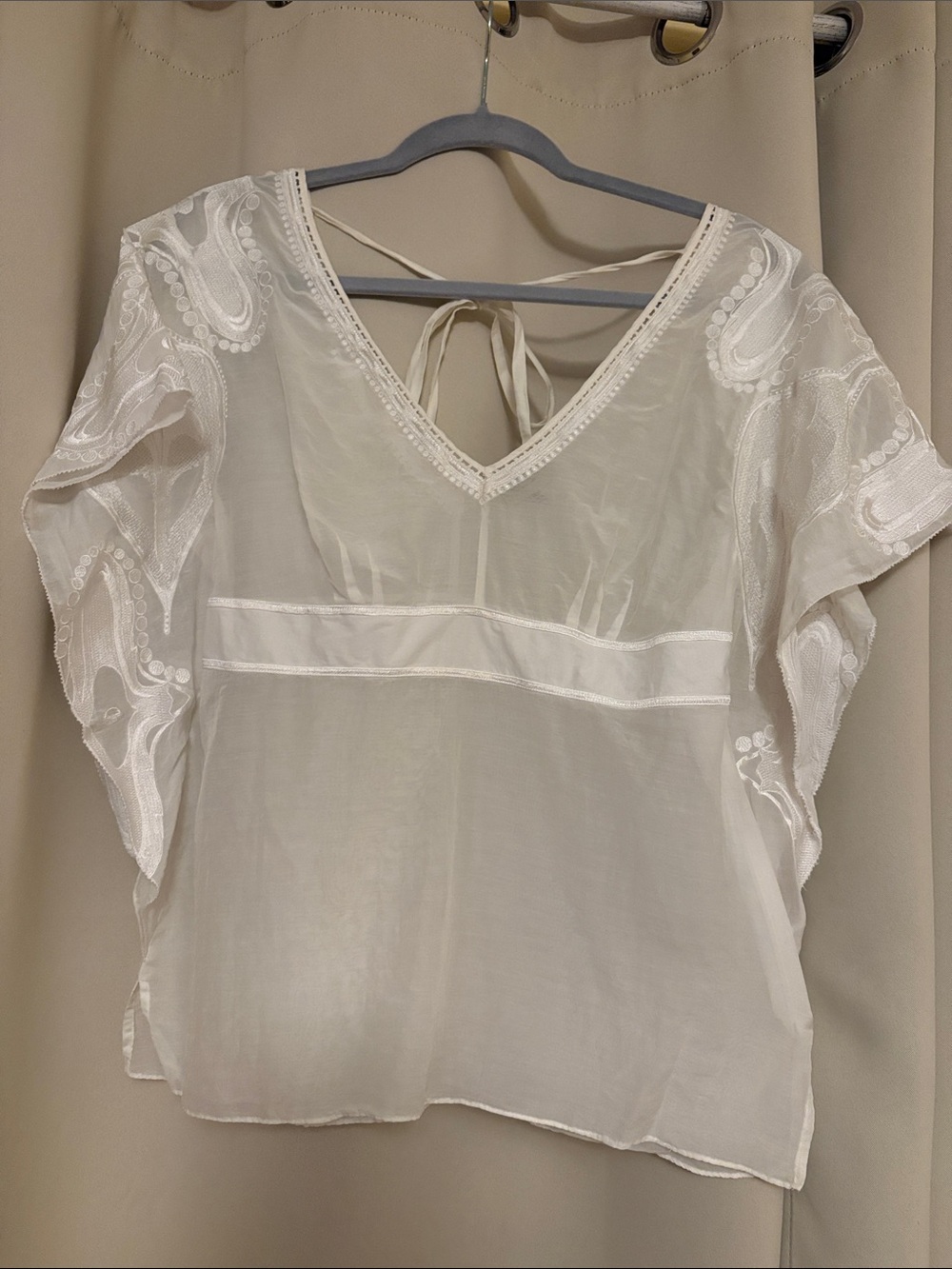 Karen Millen White Sheer Embroidered V-Neck Blouse